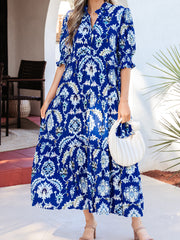 Vestido largo de manga media con cuello con volantes y estampado floral azul salvaje - Damesmode Afbeelding 8 - Miniatuur