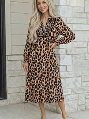 Abito midi fluido con stampa leopardo marrone, dettaglio sfumato - Damesmode Afbeelding 1 - Miniatuur