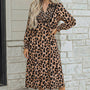 Bruin Luipaardprint Stampa Dettagli Smocked Fluido Elegante Midi-Jurk