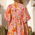 Pink Striped Floral Print Tie Neck Puff Sleeve Loose Mini Dress - Foto 3