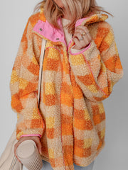 Orange karierte Sherpa-Kapuzenjacke - Miniatuur