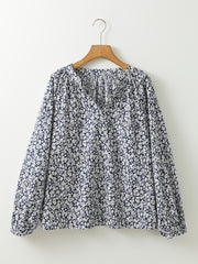 Blue Floral Print Notched V Neck Puff Sleeve Blouse - Damesmode Afbeelding 7 - Miniatuur