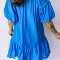 Blue Flower Embroidered Split Neck Short Puff Sleeve Ruffle Hem Dress - Damesmode Afbeelding 2 - Foto 2
