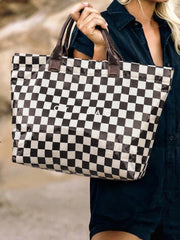 Schwarz-weiß-karierte, glänzende PU-Leder-Tote-Tasche – Damesmode Afbeelding 4 - Miniatuur