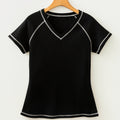 Black Waffle Textured Contrast Trim V Neck Tee - Damesmode Afbeelding 4 - Foto 4