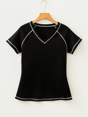 Black Waffle Textured Contrast Trim V Neck Tee - Damesmode Afbeelding 4 - Miniatuur