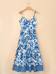 Himmelblaues, verdrehtes Brust-Spaghetti-Träger Rückenloses Blumen-Maxikleid - Miniatuur