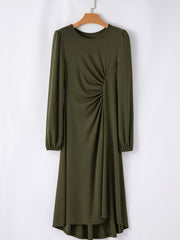Jungle Green Solid Color Ruched Detail Long Sleeve Midi Dress - Miniatuur