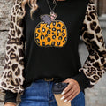 Khaki Leopard Sleeve Pumpkin Print Graphic Knit Top - Foto 4