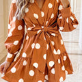 Mini vestido casual de camisas de manga larga de lunares marrones con corbata y cintura - Foto 1