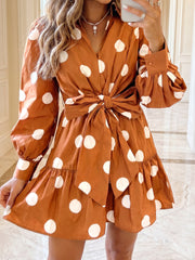 Brown Polka Dot Long Sleeve Tie Waist Casual Shift Mini Dress - Miniatuur