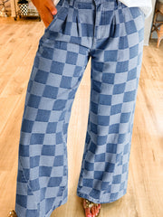 Dämmerungsblaue karierte Jeans mit weiten Beinen - Miniatuur