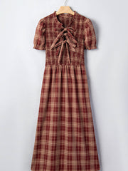 Abito midi a vita alta con nodo vintage vintage rosso a quadri e nodo a quadri - Miniatuur