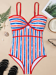 Red July 4th Stripes Impression Cutout Spaghetti Straps One Piece Swimsuit - Miniatuur