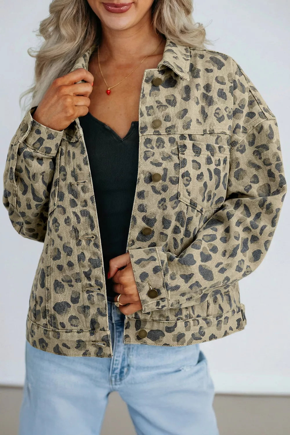 Leopard Print Seam Detail Button Down Denim Jacket - Exklusive Damenmode & Kleidung Kollektion | Redblad Deutschland