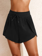 Black High Waisted Drawstring 2-in-1 Side Pocket Color Block Bikini Shorts - Damesmode Afbeelding 3 - Miniatuur