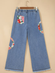 Myosotis Floral Peace Sign Embroidered Patch Wide Leg Jeans - Miniatuur