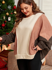 Brauner Exposed Seam Farbblock Plus-Size-Hoodie – Damesmode Afbeelding 4 - Miniatuur