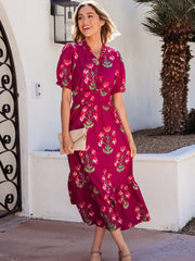 Rotes Maxikleid mit Rüschenmuster mit V-Ausschnitt und kurzärmligem Rüschen - Miniatuur
