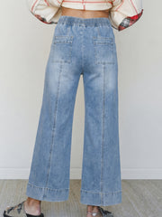 Beau Blue Drawstring Waist Wide Leg Ankle Length Jeans - Damesmode Afbeelding 2 - Miniatuur