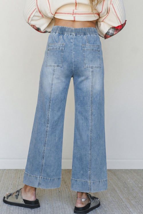 Beau Blue Drawstring Waist Wide Leg Ankle Length Jeans - Damesmode Afbeelding 2