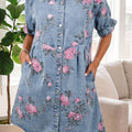 Dunkelblaues Denim-Kurzarmkleid mit Blumenmuster - Foto 1