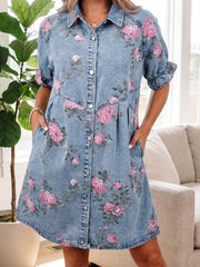 Abito in jeans a maniche corte a maniche corte con bottoni blu cielo - Miniatuur