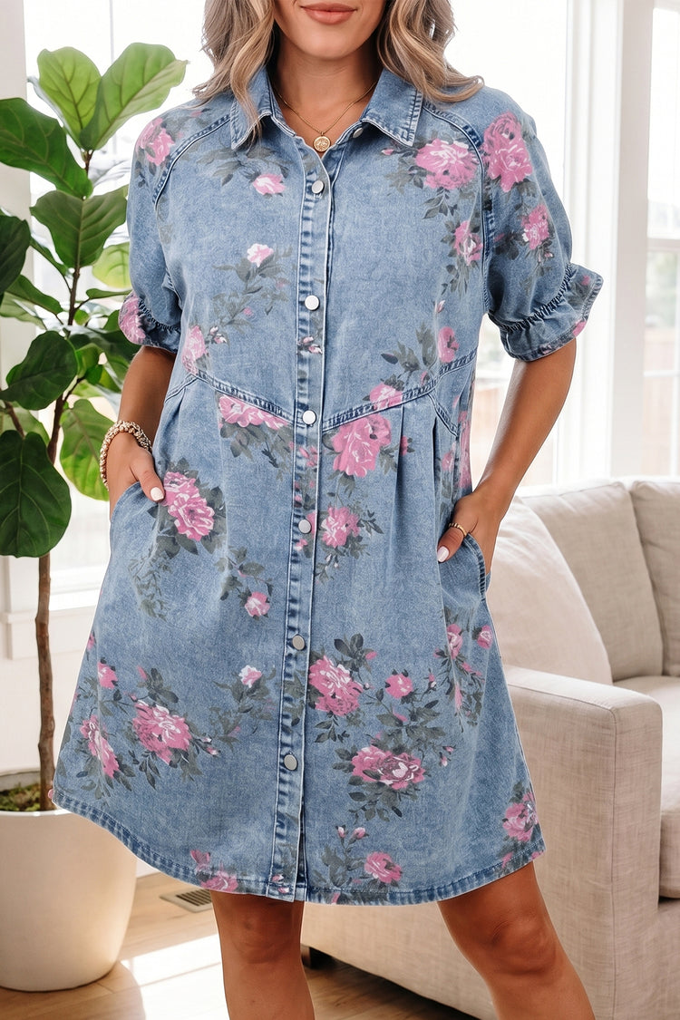 Dunkelblaues Denim-Kurzarmkleid mit Blumenmuster - Damesmode