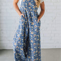 Blue Vintage Rose Printed Pleated Loose Denim Overall Jumpsuit - Damesmode Afbeelding 1 - Foto 1