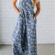 Blauw Vintage Roos Printed Geplooide Airy Spijkerstof Overall Jumpsuit