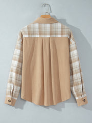 Chemise à carreaux beige français clair col à blocs de couleur Shift Shacket - Miniatuur