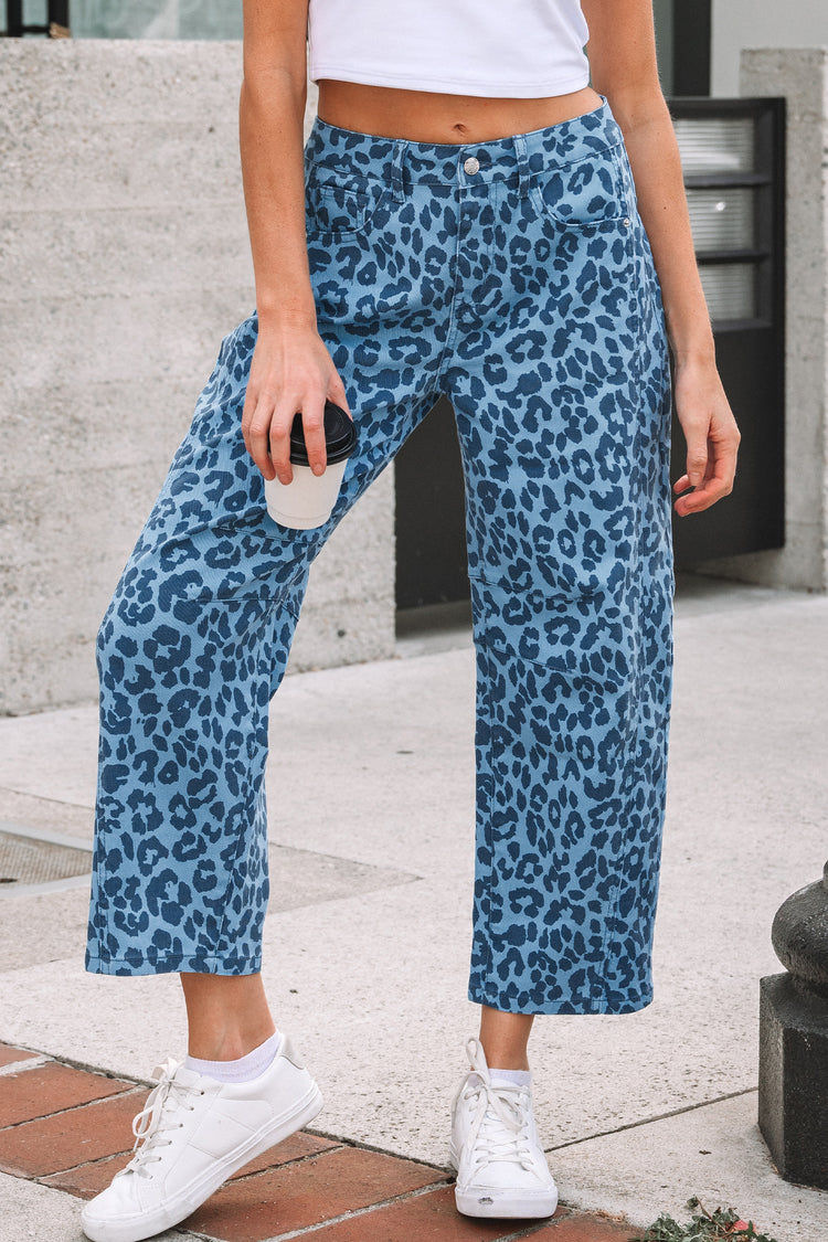 Sky Blue Leopard Print Barrel Leg Jeans - Damesmode