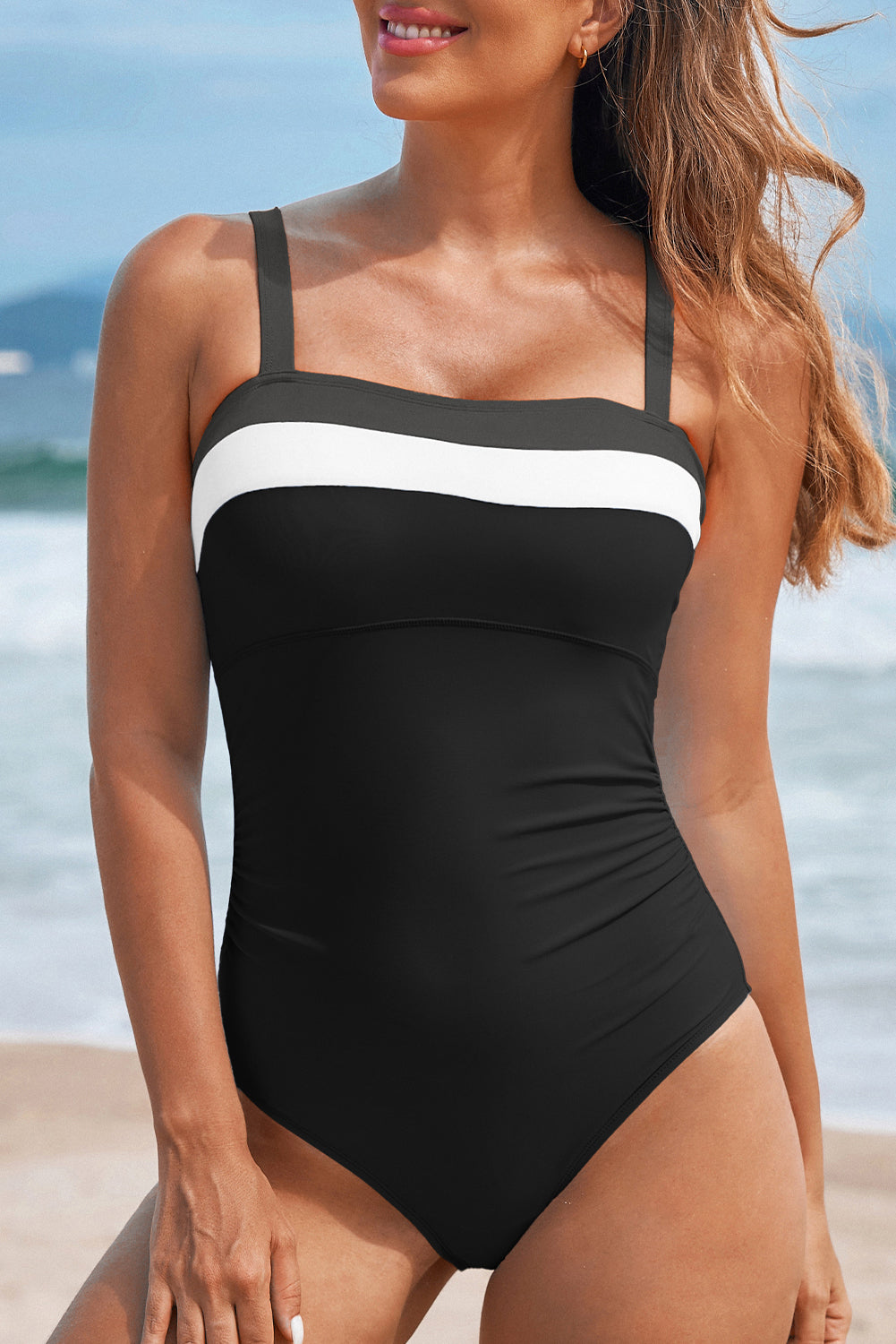 Black Color Block Detail Adjustable Straps One Piece Swimsuit - Damesmode Afbeelding 1