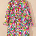 Pink Abstract Printed Lantern Sleeve Buttoned Mini Dress - Foto 4