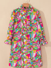 Pink Abstract Printed Lantern Sleeve Buttoned Mini Dress - Miniatuur