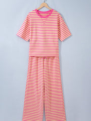 Yellow Stripe Colorblock Trim Crew Neck Loose Tee Drawstring Elastic Waist 2pcs Pant Set - Miniatuur