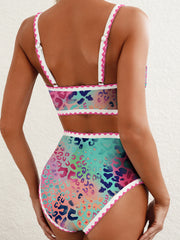 Pink Leopard Ricrac Trim Square Neck High Waist Bikinich - Miniatuur