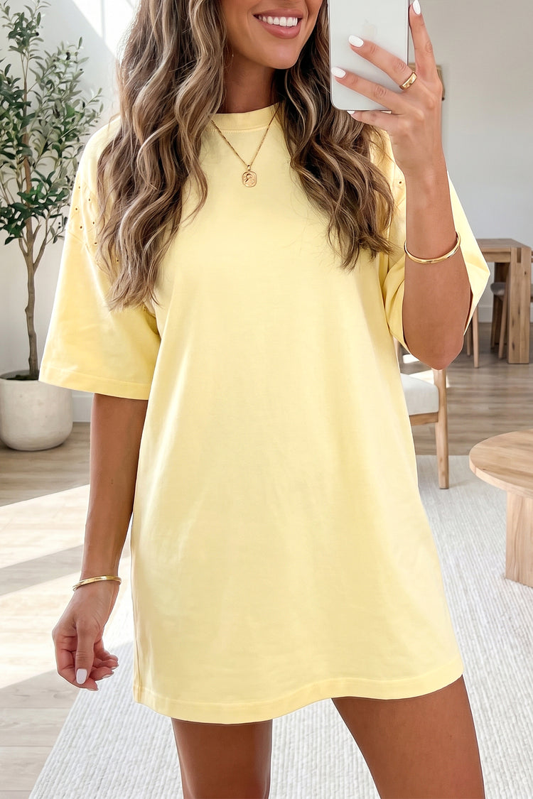 Yellow Cream Eyelet Embroidered Lace Splicing Sleeve Loose T Shirt Dress