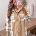 Light French Beige Plaid Colorblock Shirt Collar Shift Shacket - Foto 3