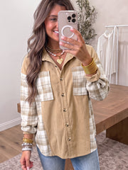 Chemise à carreaux beige français clair col à blocs de couleur Shift Shacket - Miniatuur