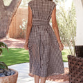 Red Plaid Print Full Zipper Cinched Waist Fit Flare Sleeveless Maxi Dress - Foto 5
