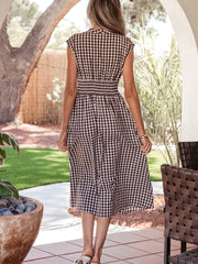 Red Plaid Print Full Zipper Cinched Waist Fit Flare Sleeveless Maxi Dress - Miniatuur