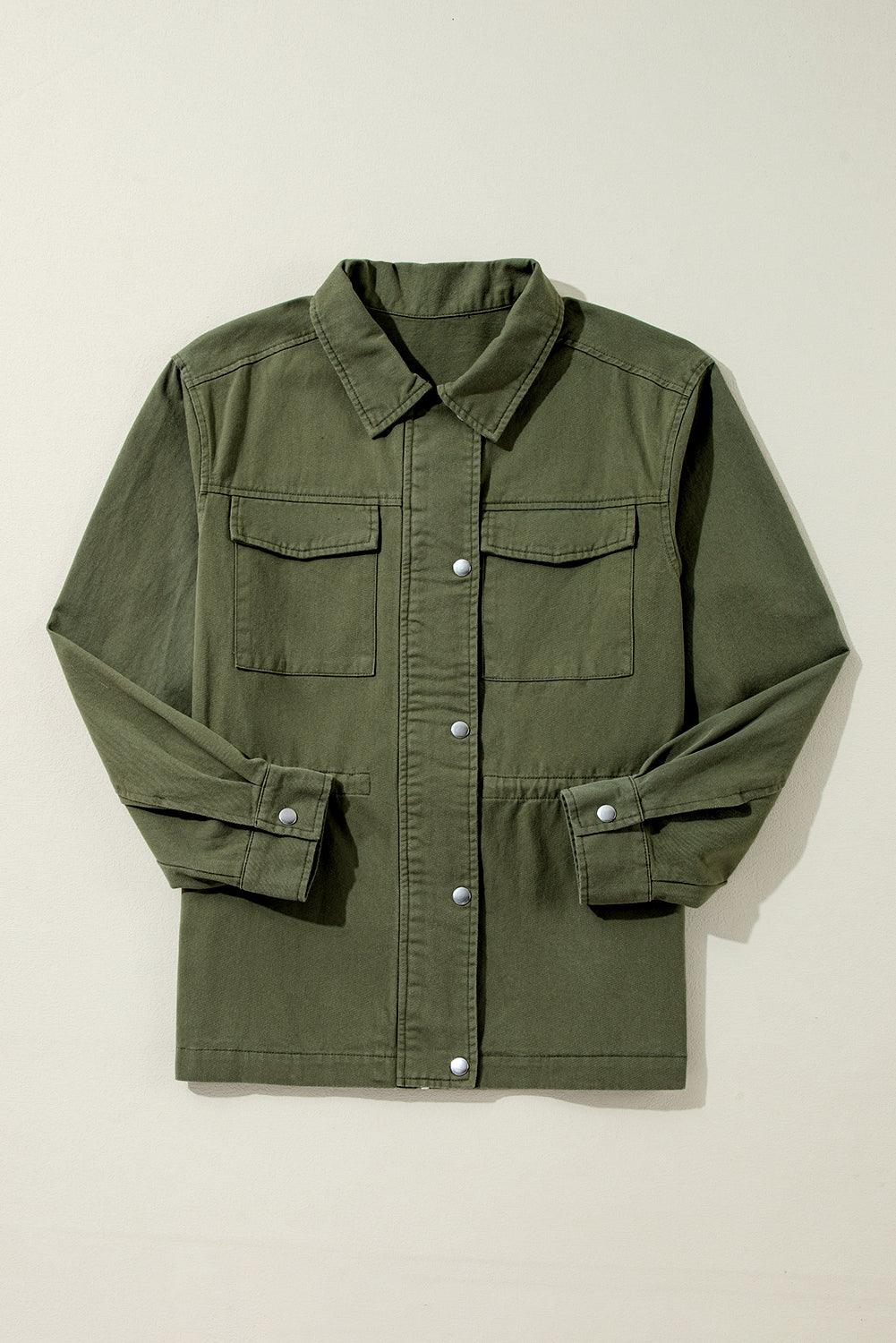 Moosgrüne Druckknopf-Reißverschlussjacke mit enger Taille und Kragen