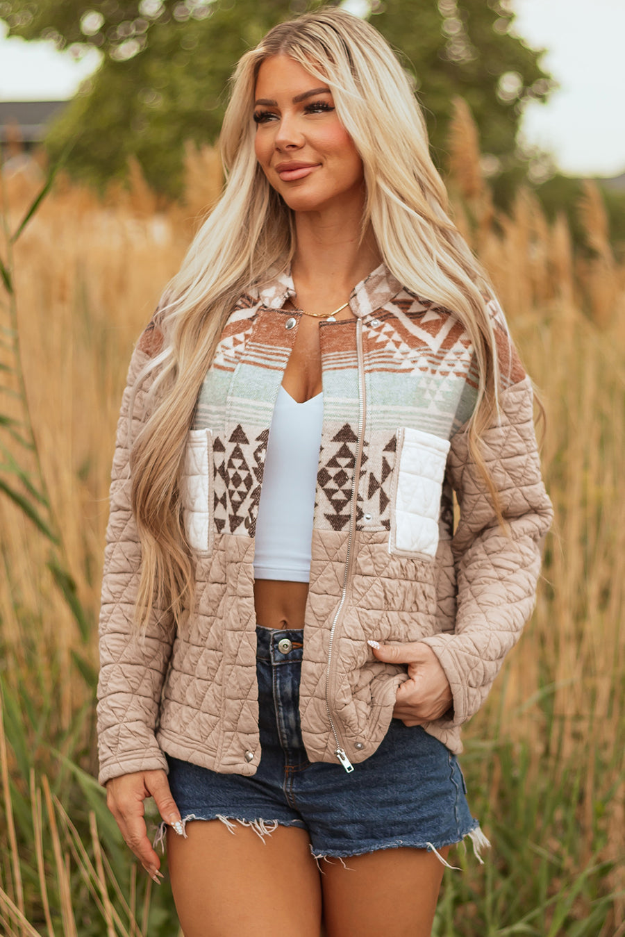 Giacca di moda occidentale patchwork in stile beige francese francese chiaro e trapuntato