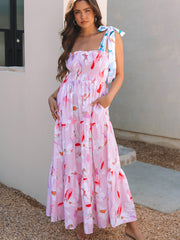 Maxi robe smock à épaules nouées à imprimé fleur rose - Miniatuur