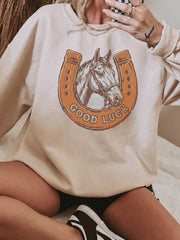 Beige GOOD LUCK Western Horse Print Oversized Pullover Sweatshirt - Damesmode Afbeelding 1 - Miniatuur