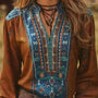 Printed Notched Long Sleeve Blouse