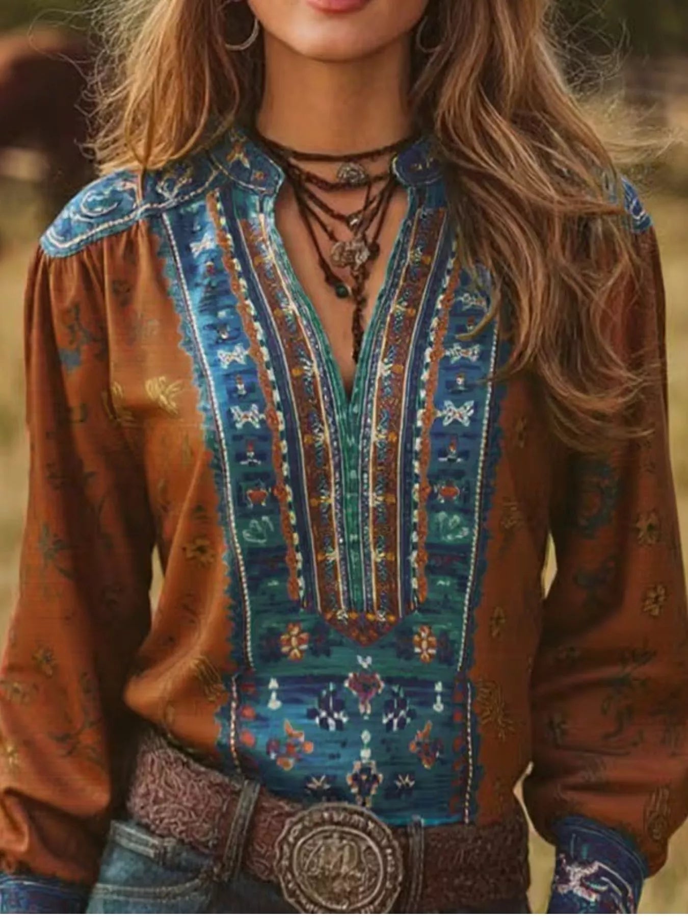 Printed Notched Long Sleeve Blouse - Luxe Damesmode & Kleding Collectie | Redblad Nederland