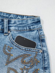 Dusk Blue Western Embroidery Stud Denim Shorts Summer Daily Wear - Miniatuur