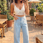 Beau Blue Studded Side Slit Leg Frayed Pocketed Wide Leg Jeans - Damesmode Afbeelding 5 - Thumbnail
